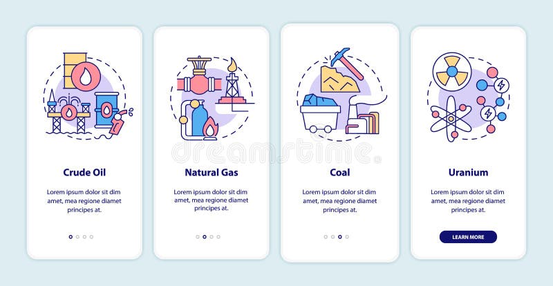 Types of nonrenewable energy sources onboarding mobile app page screen