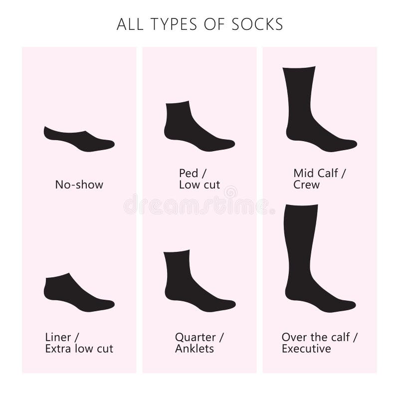 Types Of Socks Set. No-show, Low-cut, Extra Low-cut, Quarter, Mid-calf,  Over The Calf, Knee Socks. Design Socks Set Vector Illustration. Stock  Photo, Picture and Royalty Free Image. Image 109248088.