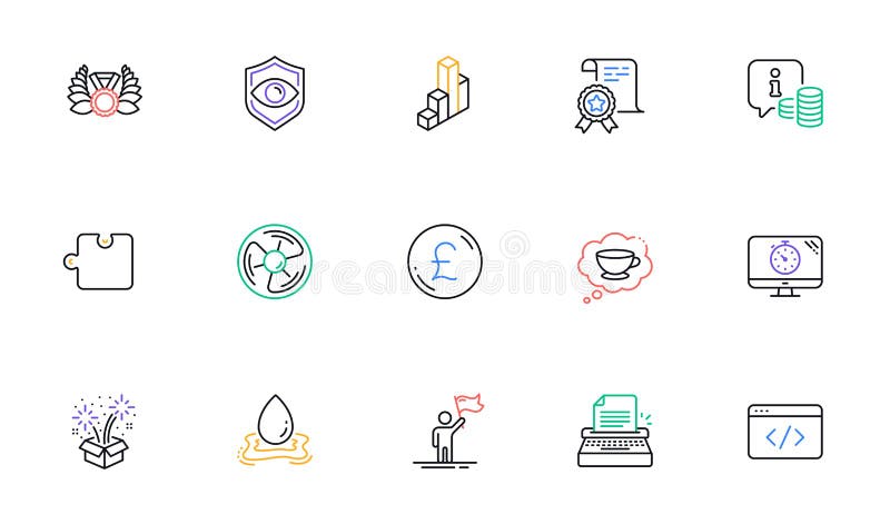 Typewriter, Fireworks and Eye detect line icons for website, printing. For design. Vector royalty free illustration