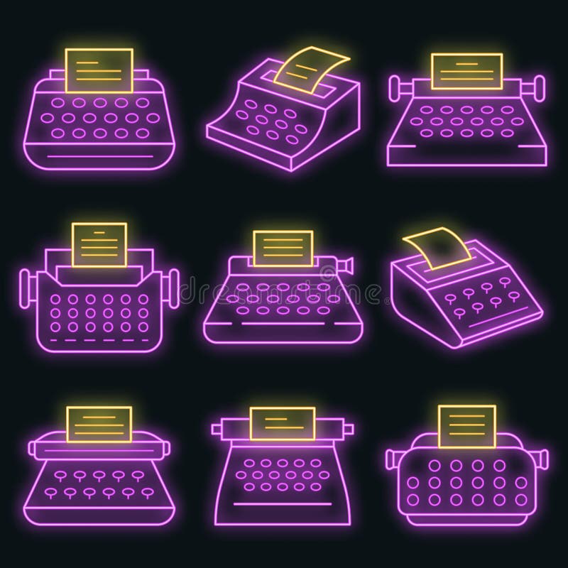 Typewriter icon set vector neon royalty free illustration