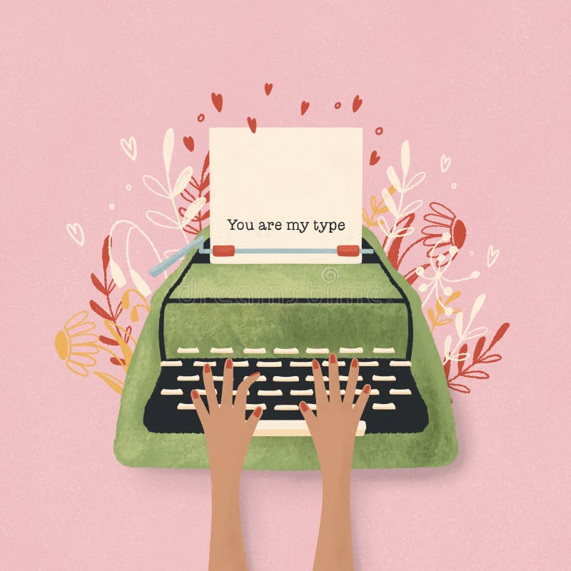 Typewriter and love note with hand lettering. Colorful hand drawn illustration for Happy Valentine’s day. Greeting card