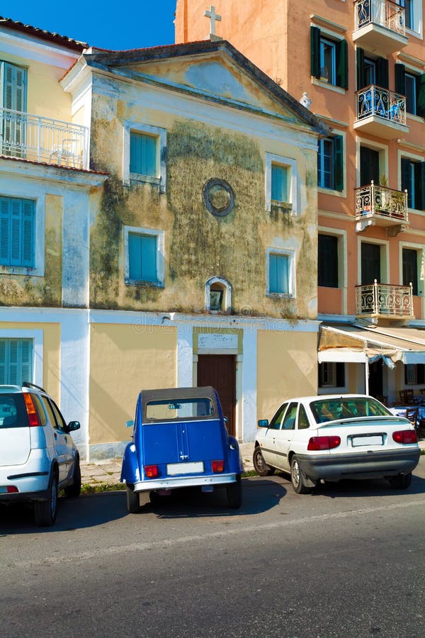 Typical Buildings and Retro Car, Corfu Stock Image Image of