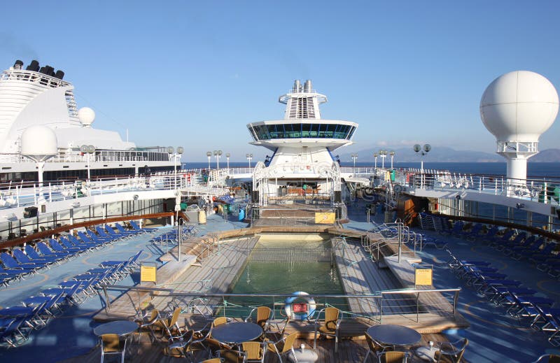 Typical Cruise Ship Deck with Swimming Pool,sunbeds and Bar Stock Photo Image of sunbeds