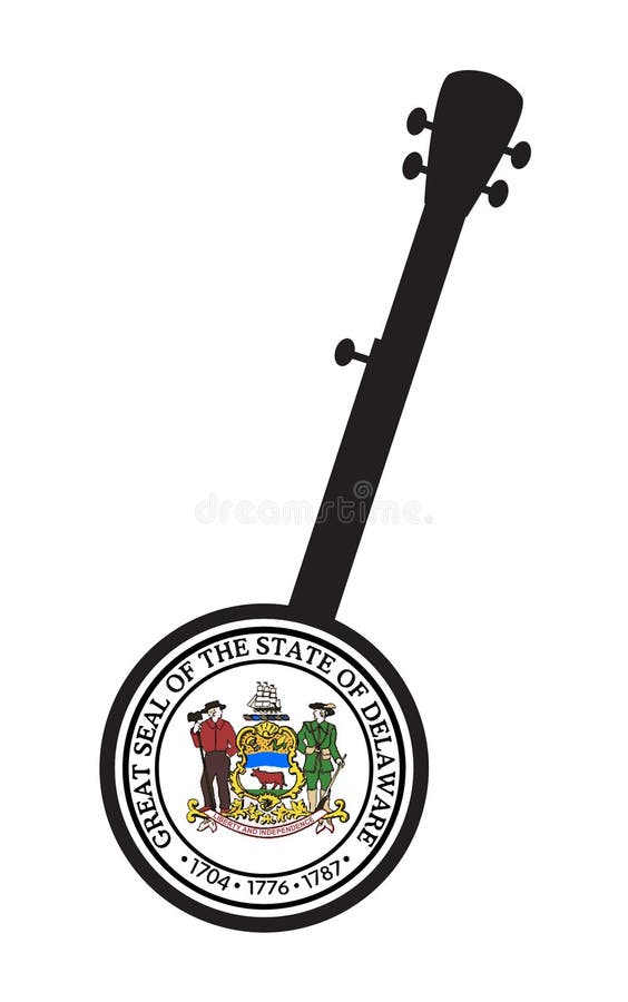 Traditional 5 String Banjo Silhouette With Delaware State Icon royalty free illustration