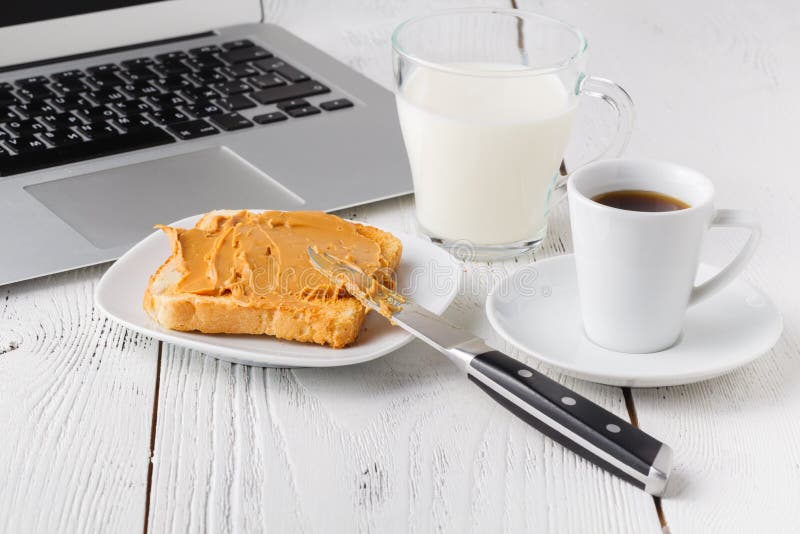 Typical Highcalorie Breakfast with Toast and Peanut Butter Stock Image
