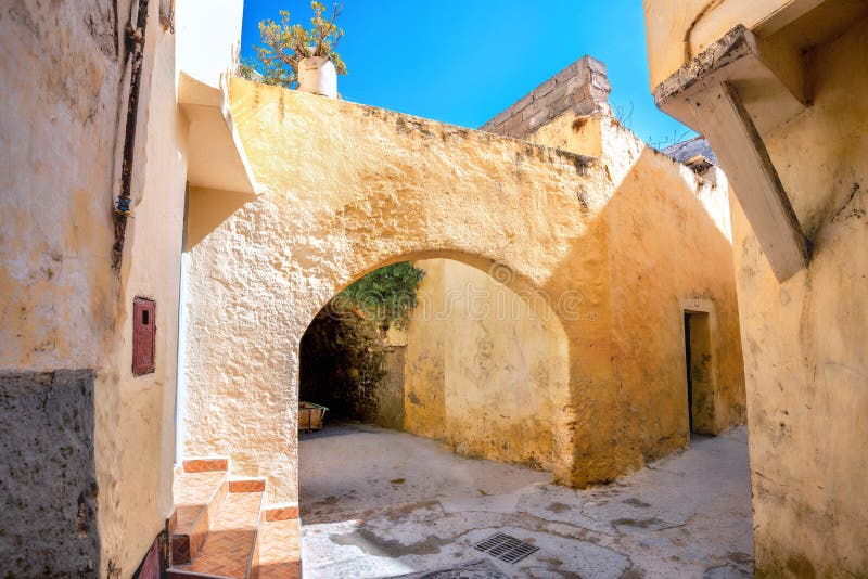 Street view with coloured facade of house in old town Essaouira. Morocco, North Africa