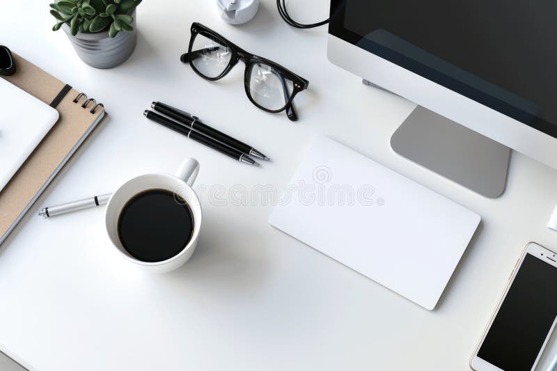 A typical office setting with a desktop computer and a cup of coffee, ideal for depicting daily work or study routines royalty free stock image