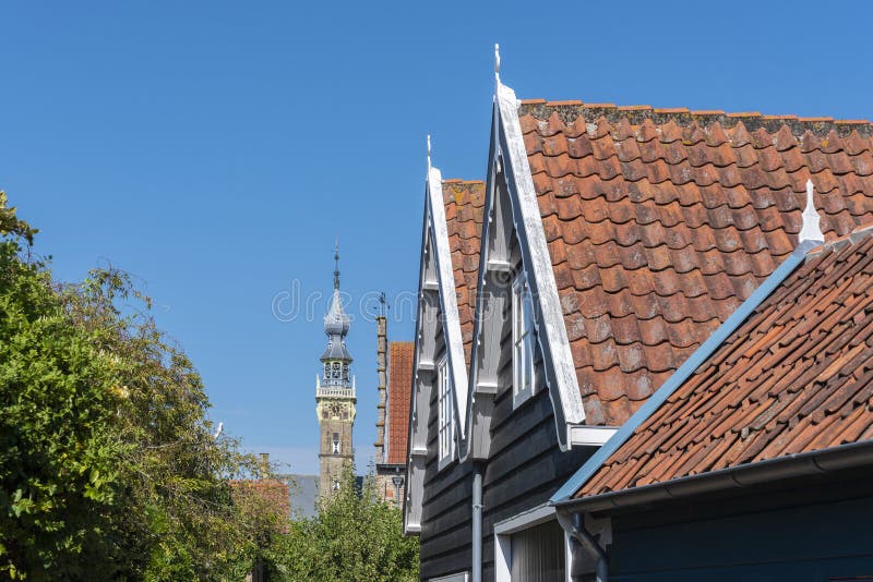 Typical pointed roofs and tower of the historic town hall of Veere. Province of Zeeland in the Netherlands