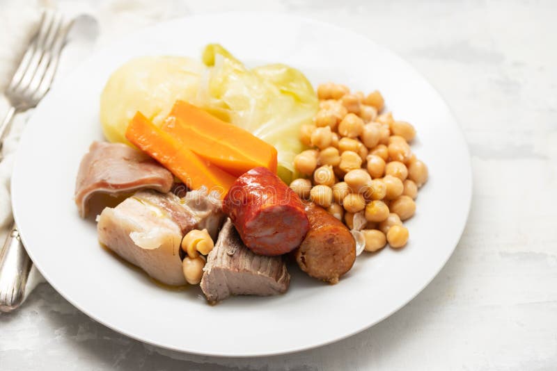 Typical Portuguese Dish Boiled Meat, Sausages and Vegetables Stock