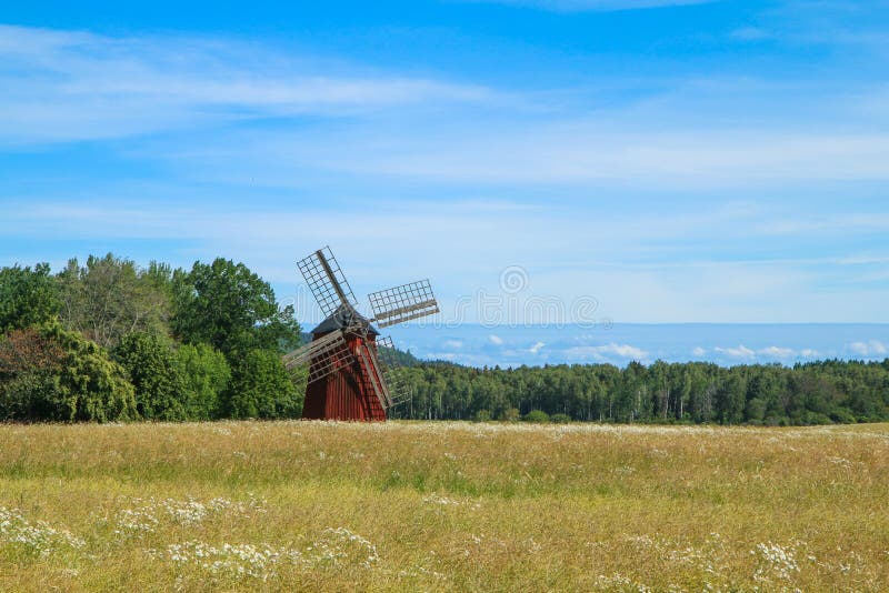 The typical red Swedish windmill standing in the fields full of grain. The rural landscape of the Swedish countryside.