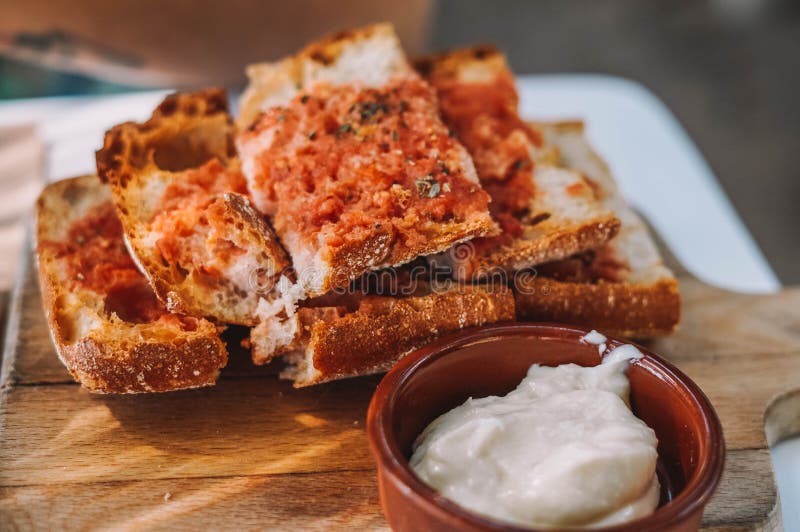 A Typical Serving of Bread with Tomato and Garlic Mayonnaise Stock