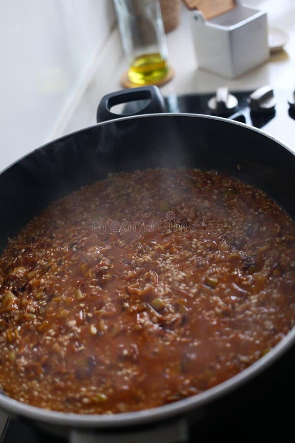 Typical Spanish Rice with Seafood or Meat and Mushrooms Stock Photo