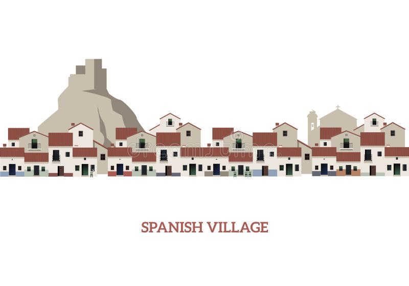 Typical Spanish Village with castle, mountain and church on the background stock illustration Typical Spanish Village with castle, mountain and church on the background stock illustration
