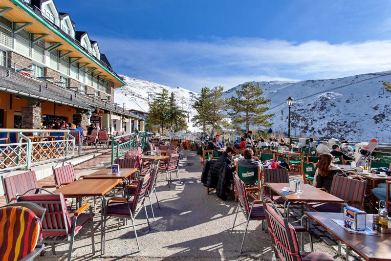 Typical street cafe in Pradollano (mountain ski resort), Sierra Nevada, Spain
