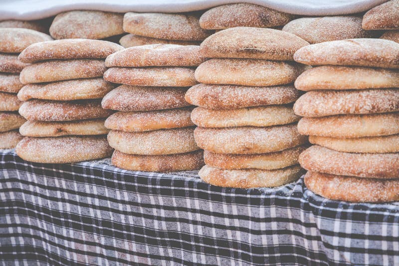 Typical traditional Moroccan bread on street food stall, Marrake. Fresh, african.