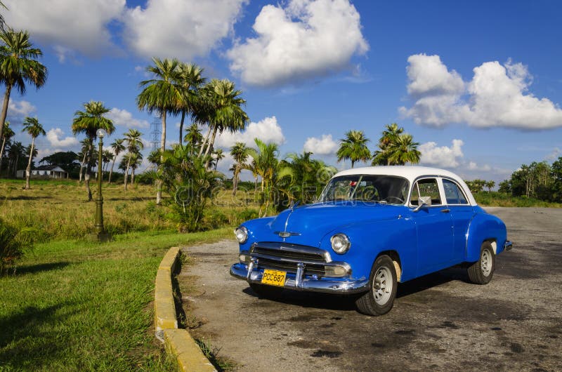 Typical view of classic blue American car on Cuba