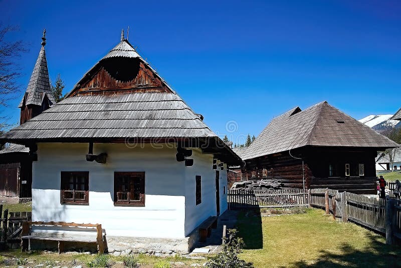 Typical view of wooden historical houses in the Museum of Liptov Village - open-air museum Pribylina.
