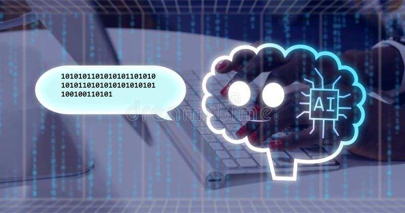 Typing hands pressing white keyboard at office desk, with binary code streams and AI brain graphic royalty free stock images