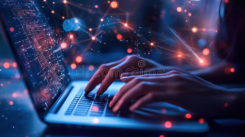 Typing on laptop, exploring digital networks and connections royalty free illustration