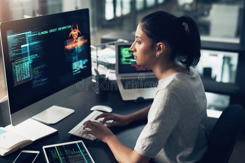 Typing, woman and hacker, computer programmer or coder hacking data. IT, focus and female developer, engineer or person royalty free stock images