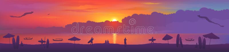 Typische zonsondergangmening van het strand van het eilandkuta van Bali met vliegers, surfende raad, strandparaplu's, vissersbote vector illustratie Typische zonsondergangmening van het strand van het eilandkuta van Bali met vliegers, surfende raad, strandparaplu's, vissersbote vector illustratie
