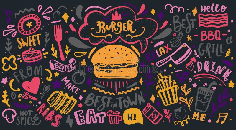 Typografia kolorowych murów restauracji Tło Vector Food BBQ, menu kafejki motywacyjnej z literami na tablicy royalty ilustracja Typografia kolorowych murów restauracji Tło Vector Food BBQ, menu kafejki motywacyjnej z literami na tablicy royalty ilustracja
