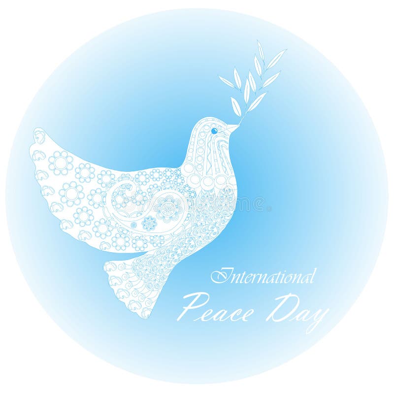 Typografiefahne internationaler Friedenstag, weiße Taube des Friedens auf Blau, Verzierungen, Hand gezeichnet vektor abbildung Typografiefahne internationaler Friedenstag, weiße Taube des Friedens auf Blau, Verzierungen, Hand gezeichnet vektor abbildung