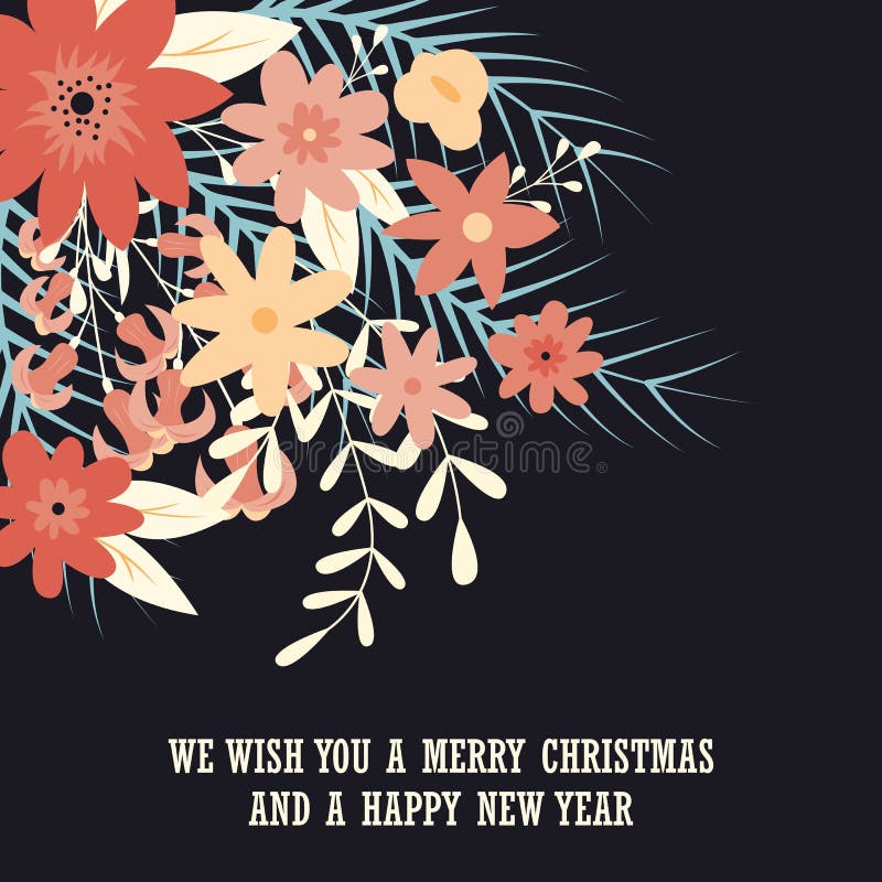 Typografische Vrolijke Kerstkaart met bloemen decoratieve elementen vector illustratie Typografische Vrolijke Kerstkaart met bloemen decoratieve elementen vector illustratie