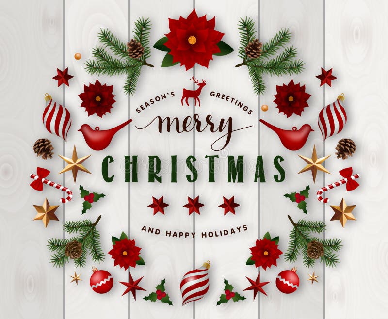 Typographic composition of christmas Postcard with vintage label and Christmas wishes decorated with Festive Elements. vector illustration Typographic composition of christmas Postcard with vintage label and Christmas wishes decorated with Festive Elements. vector illustration