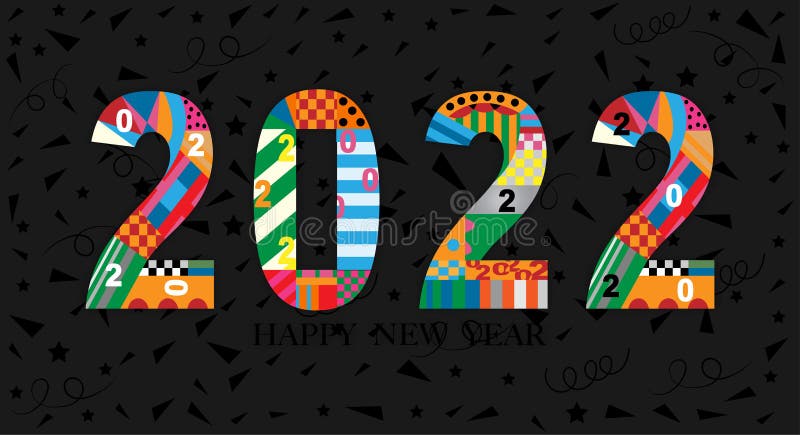 Typography text 2022 font in colourful of geometric style on black background, Creative deco design for Greeting Lettering. royalty free illustration Typography text 2022 font in colourful of geometric style on black background, Creative deco design for Greeting Lettering. royalty free illustration