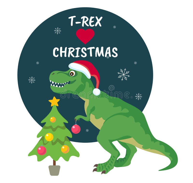 Tyrannosarie Rex Christmas Card Dinosaurien i jultomtenhatt dekorerar julgranen stock illustrationer Tyrannosarie Rex Christmas Card Dinosaurien i jultomtenhatt dekorerar julgranen stock illustrationer