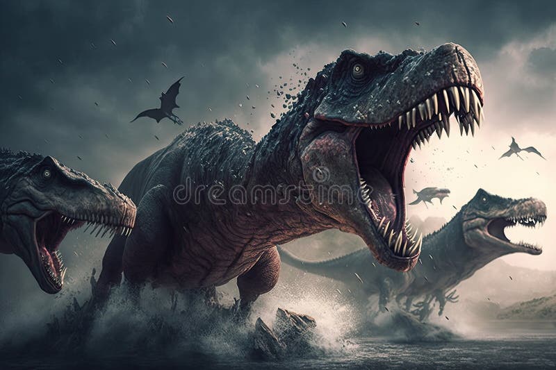 Tyrannosaurus Rex in Battle with Other Dinosaurs, Fighting for Survival