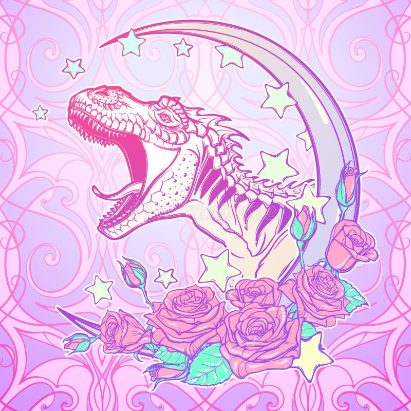 Tyrannosaurus roaring with moon and roses frame