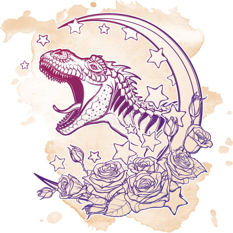 Tyrannosaurus roaring with moon and roses frame on grunge background
