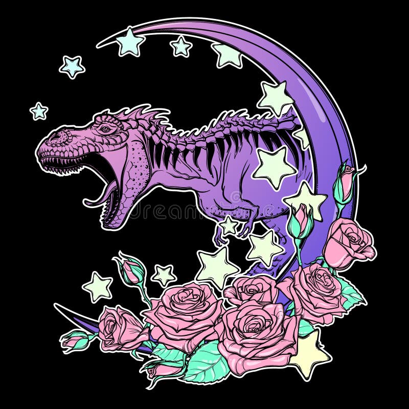 Tyrannosaurus roaring with moon and roses frame isolated on black