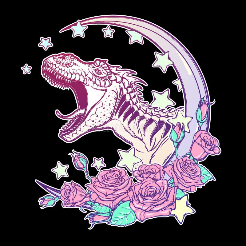 Tyrannosaurus roaring with moon and roses frame isolated on black