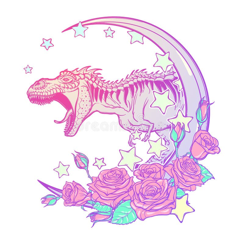 Tyrannosaurus roaring with moon and roses frame isolated on white