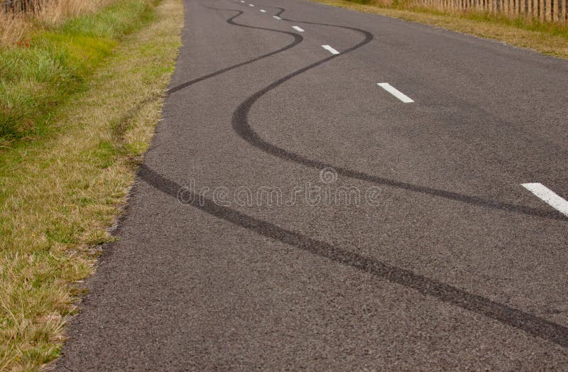 Tyre skid marks on rural road, Gisborne, New Zealand