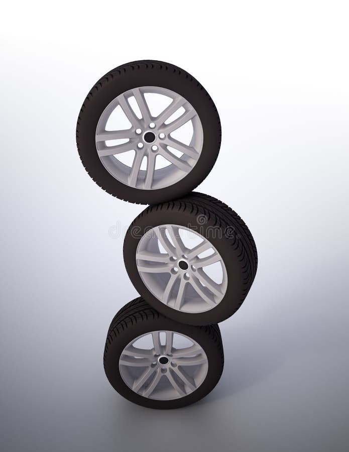 Three tires stack 3D illustration. Stack vehicle illustrations