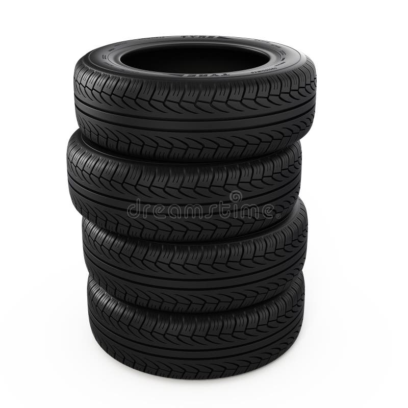 Stack of new tyres isolated on white - 3d render. Stack vehicle illustrations
