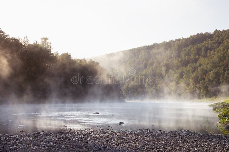 Tyst sommarlandskap med kallblå dimma på floden med vitt fluffa på vatten och skinkgrön skog på sluttningar
