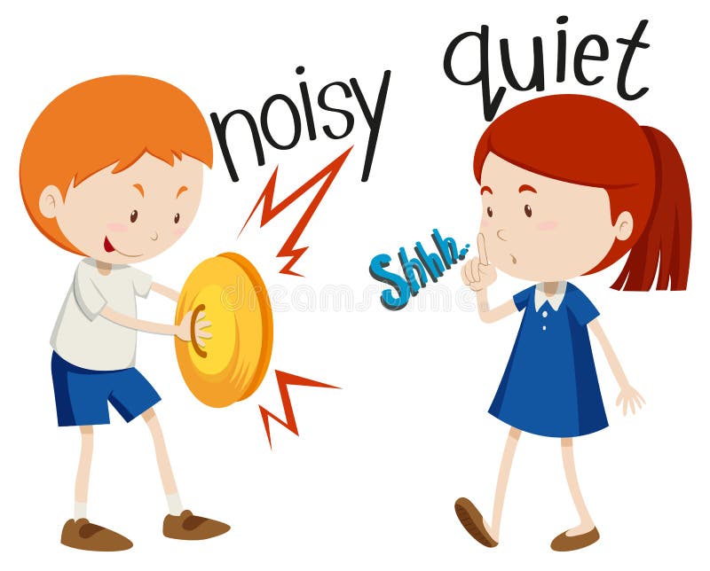 Tysta motsatta adjektiv som är bullriga och vektor illustrationer Tysta motsatta adjektiv som är bullriga och vektor illustrationer