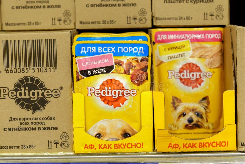 Tyumen, Russia-August 17, 2022: Dog food with lamb products of Pedigree Petfoods, subsidiary of the American group Mars