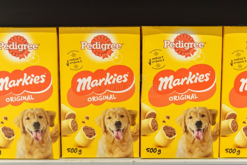 Tyumen, Russia-August 17, 2022: Pedigree markies Petfoods dog food, selective focus. Buying goods in the supermarket
