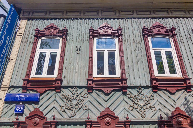 TYUMEN, RUSSIA - JULY 6, 2018: Typical Russian wooden house, Lenin street in Tyumen, Russ