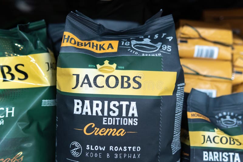 Crema Image in Jacobs of Ground Packing Editions Bags 215594890 Coffee - Coffee, Russia, Shelf brand: Plastic Close germany, a Barista in of Up, Supermarket Row Saint- Editorial Image