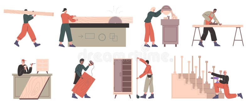 Tâmplar cu scule și eboșe. atelier din lemn. oameni care lucrează cu lemn. ocupația de exploatare a lemnului. meșteșman profesioni stock illustration