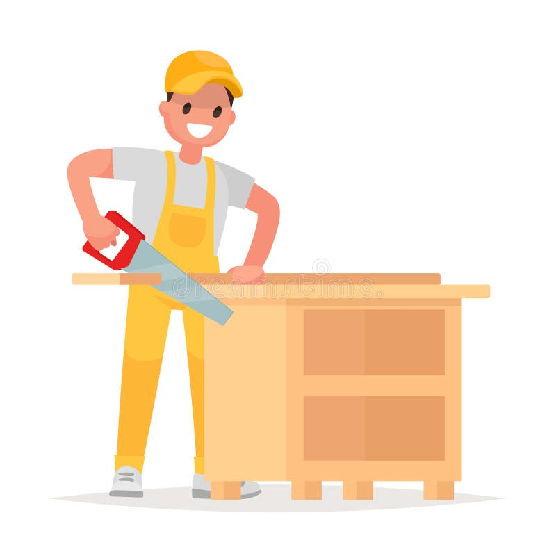 Tâmplar face un produs dintr-un copac. om în haine de lucru ferăstraie vector illustration