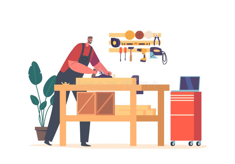 Tâmplărie masculină într-un atelier de tâmplărie cu instrument de zbor implică executarea de lucrări de artă calificate, creând st stock illustration