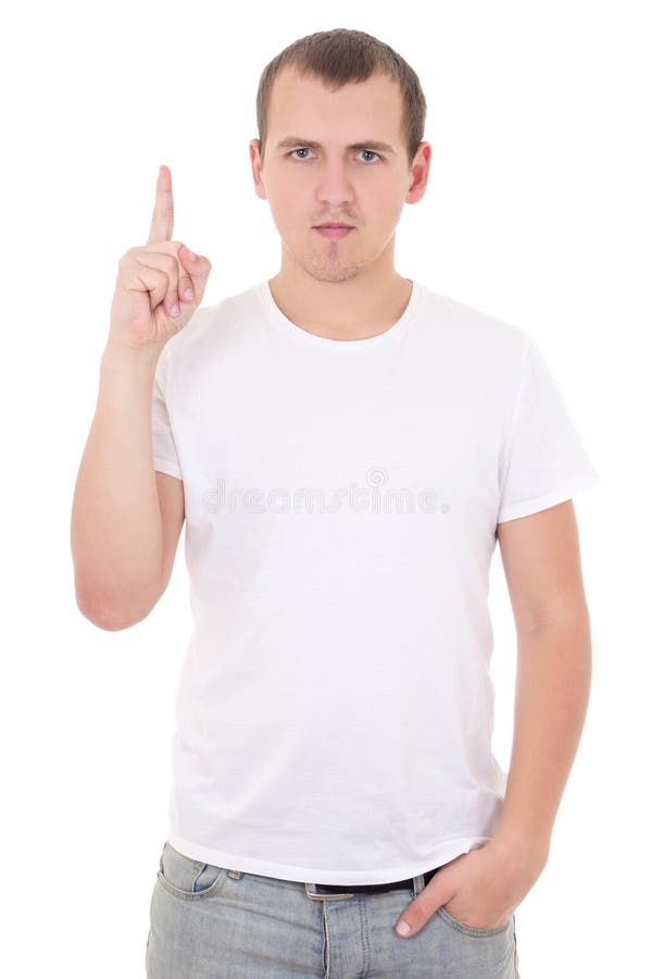 Tânăr fericit care arată în sus pe fundal alb royalty free stock photos